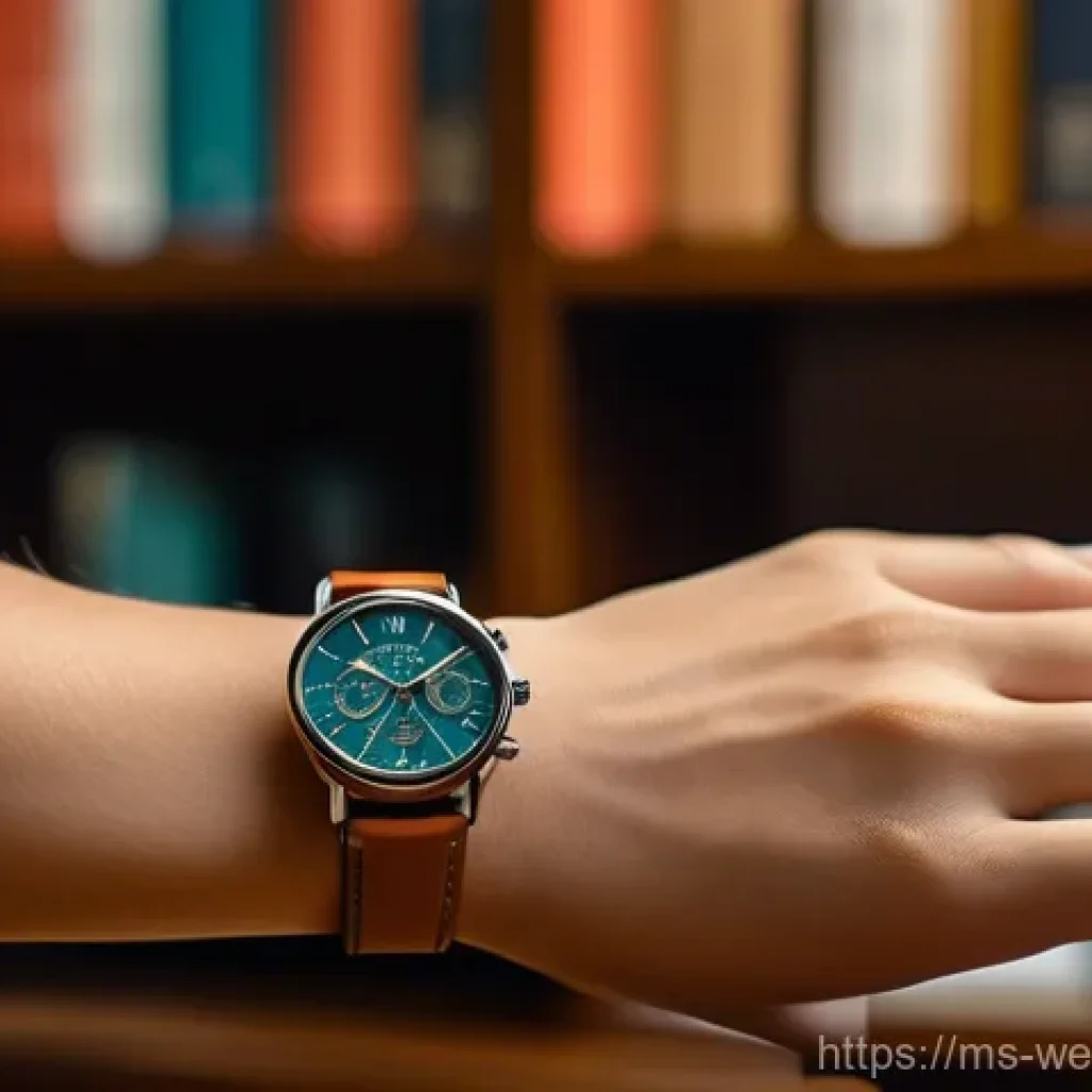 웨어러블 기기와 대사 증후군 관리 - Her other hand is gently touching the watch, indicating interaction. The background features warm, i...