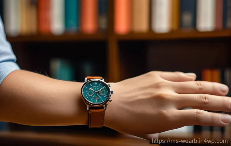 웨어러블 기기와 대사 증후군 관리 - Her other hand is gently touching the watch, indicating interaction. The background features warm, i...