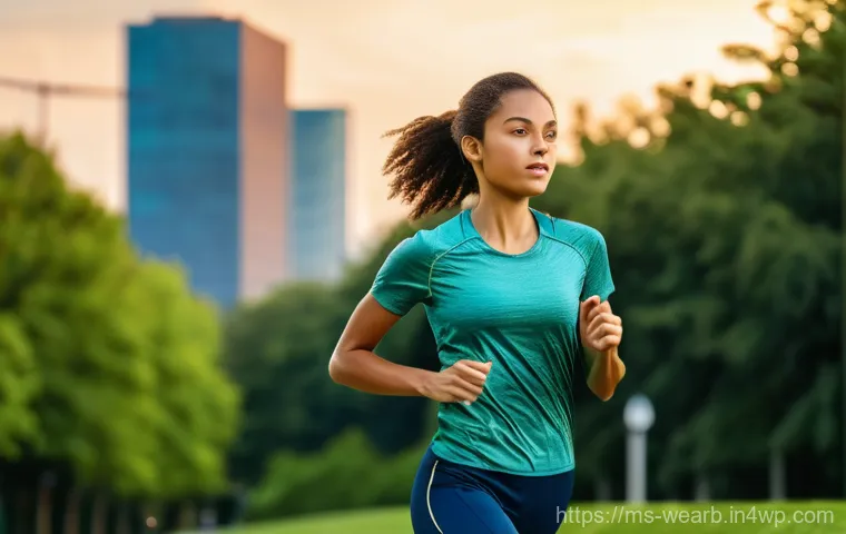 스마트 의류와 헬스케어의 접목 - **Prompt for Smart Sports Shirt & Socks:**
    A highly detailed, cinematic image of a fit young wom...