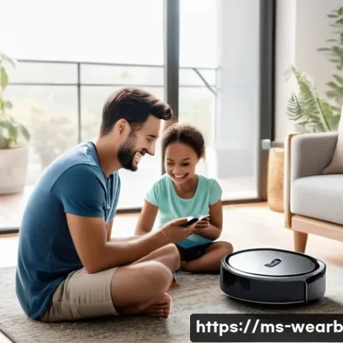 스마트폰과의 연동성에 대한 연구 - **Prompt:** A cozy and brightly lit modern living room with a young family. A mother and father, bot...