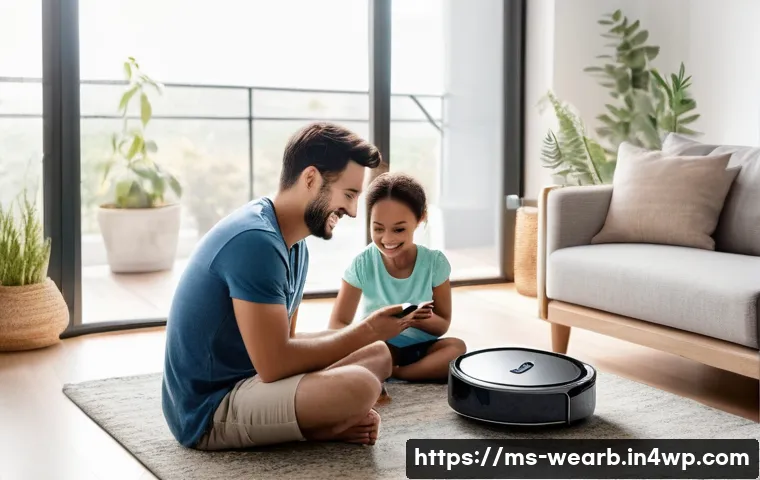 스마트폰과의 연동성에 대한 연구 - **Prompt:** A cozy and brightly lit modern living room with a young family. A mother and father, bot...