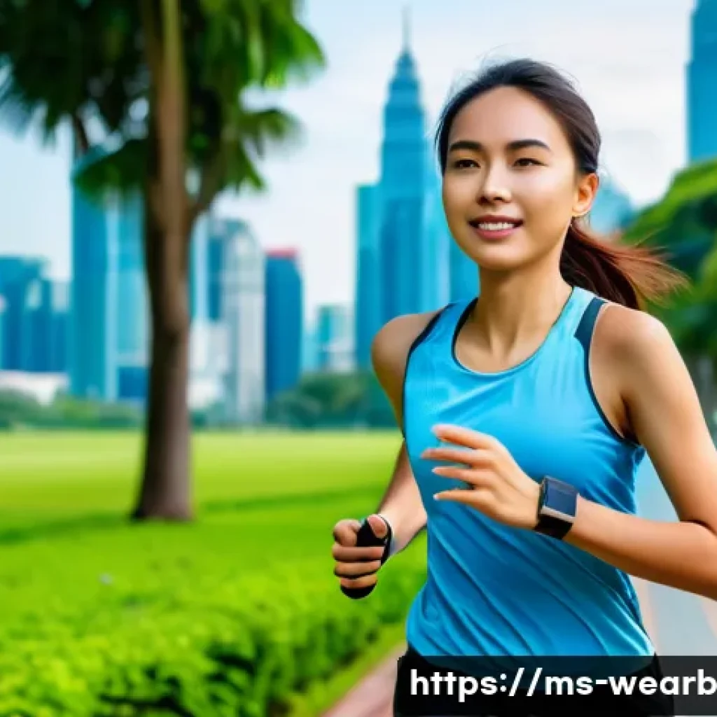 웨어러블 헬스케어의 사회적 수용도 - A young Malaysian woman jogging in a lush urban park during early morning, wearing a stylish smart w...
