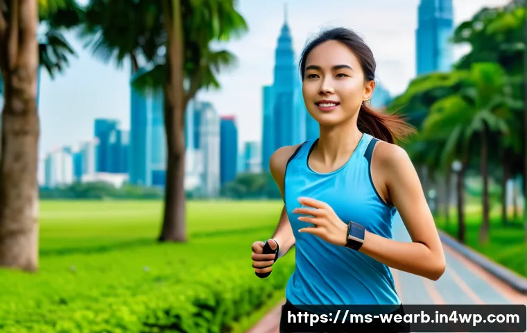 웨어러블 헬스케어의 사회적 수용도 - A young Malaysian woman jogging in a lush urban park during early morning, wearing a stylish smart w...