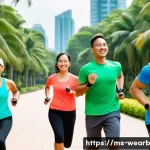 웨어러블 헬스케어의 성공 사례 분석 - A diverse group of Malaysian adults exercising in a tropical park setting during daytime, wearing st...