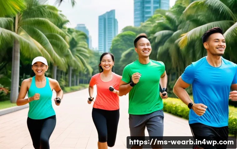 웨어러블 헬스케어의 성공 사례 분석 - A diverse group of Malaysian adults exercising in a tropical park setting during daytime, wearing st...
