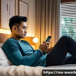 Home 22 웨어러블 기기를 통한 건강 패턴 분석 - A modern Malaysian man wearing a smart fitness watch, sitting comfortably in a cozy bedroom with sof...