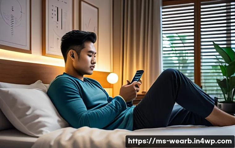 웨어러블 기기를 통한 건강 패턴 분석 - A modern Malaysian man wearing a smart fitness watch, sitting comfortably in a cozy bedroom with sof...
