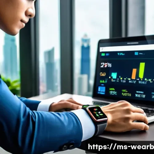 Home 33 웨어러블 기기를 통한 예방적 건강 관리 - A modern Malaysian office worker wearing a sleek smartwatch and fitness tracker on both wrists, seat...