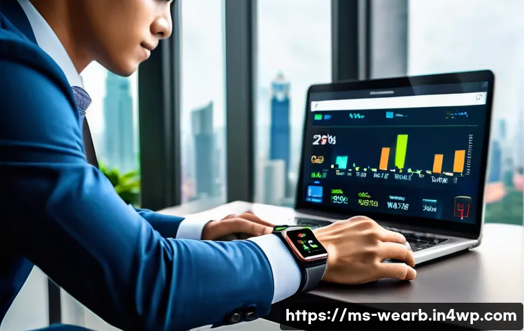 웨어러블 기기를 통한 예방적 건강 관리 - A modern Malaysian office worker wearing a sleek smartwatch and fitness tracker on both wrists, seat...