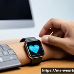 Home 20 웨어러블 기기와 헬스케어 데이터의 활용 방안 - A modern Malaysian office worker wearing a sleek, ergonomic smartwatch on their wrist while seated a...