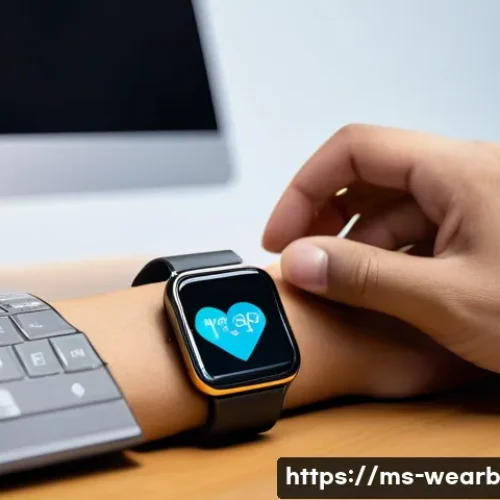Home 32 웨어러블 기기와 헬스케어 데이터의 활용 방안 - A modern Malaysian office worker wearing a sleek, ergonomic smartwatch on their wrist while seated a...