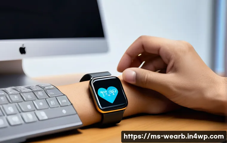 웨어러블 기기와 헬스케어 데이터의 활용 방안 - A modern Malaysian office worker wearing a sleek, ergonomic smartwatch on their wrist while seated a...