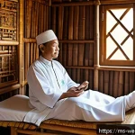 Home 19 웨어러블 기기와 기존 헬스케어 시스템의 통합 - A modern Malaysian traditional healer in a cozy wooden treatment room, wearing modest traditional Ma...