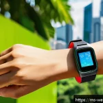 Home 18 웨어러블 디바이스와 피트니스 트래킹 - A modern digital health tracker wristband displayed on the wrist of a young Malaysian adult in casua...