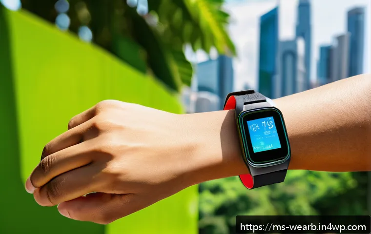 웨어러블 디바이스와 피트니스 트래킹 - A modern digital health tracker wristband displayed on the wrist of a young Malaysian adult in casua...