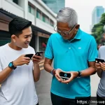 Home 23 웨어러블 기기와 생체인식 기술의 융합 - A modern Malaysian urban scene featuring diverse young adults and elderly people wearing various sma...
