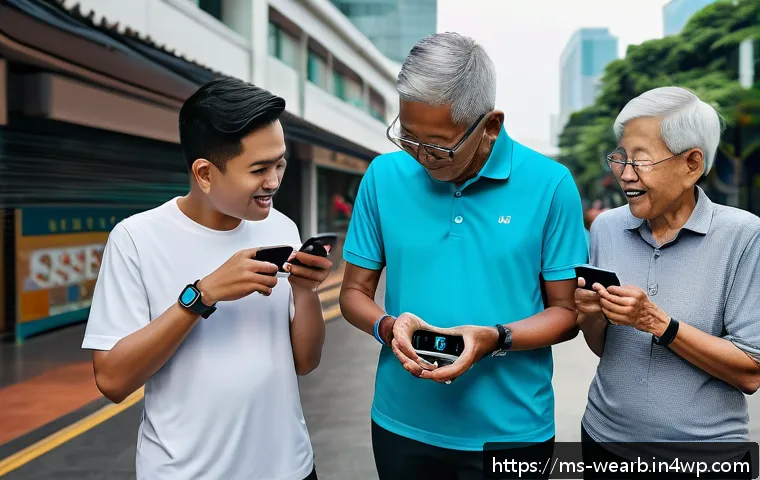 웨어러블 기기와 생체인식 기술의 융합 - A modern Malaysian urban scene featuring diverse young adults and elderly people wearing various sma...
