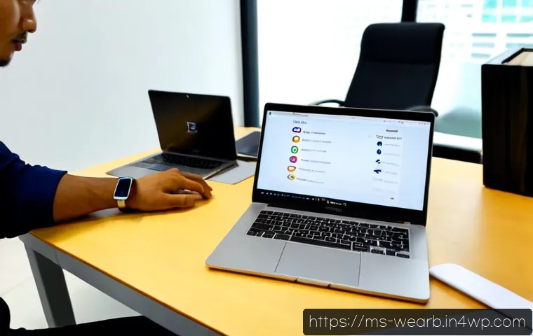 Home 17 웨어러블 기기의 사용 규칙과 법적 사항 - Photorealistic Malaysian workplace scene, a Malay professional wearing a simple fitness smartwatch w...