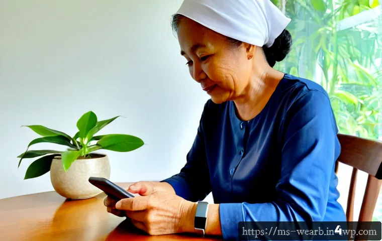 Home 17 웨어러블 기기 사용의 장단점 분석 - Photorealistic Malaysian lifestyle scene, an older Malay woman in modest casual clothing sitting com...
